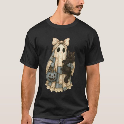Blauw Denim Kat Zwarte Geest Patchwork Halloween C T-shirt (Voorkant)
