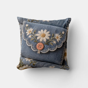 Blauw denim madeliefjesborduurwerk cottage bloemen kussen