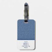 Blauw denim, marineblauw leer en accentstikwerk bagagelabel (Achterkant verticaal)