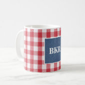 Blauw denim Monogram 11oz rood en wit buffel Koffiemok (Voorkant links)
