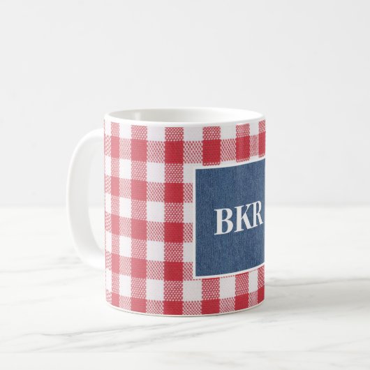 Blauw denim Monogram 11oz rood en wit buffel Koffiemok (Voorkant links)