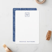 Blauw denim monogram initiaal naam plat notitiekaartje (Voorkant / Achterkant in situ)