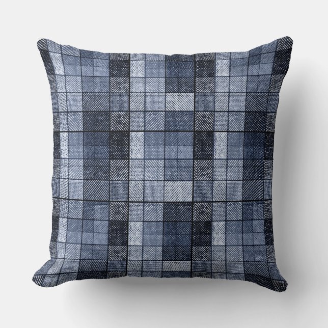 Blauw, denim, tartan, gif. kussen (Voorkant)