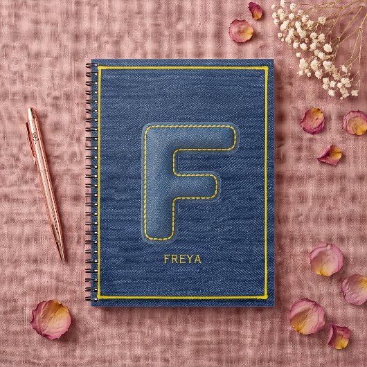 Blauw denim textuur monogram initiaal F naam Notitieboek