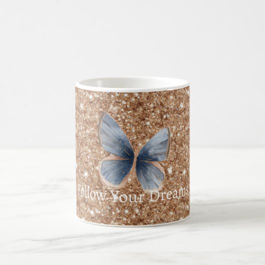 Blauw Denim Vlinder Landelijk Goud Glitters Koffiemok (Center)
