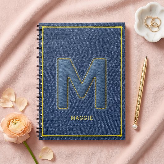 Blauw Denim Y2K Gele Steek Monogram Letter M Notitieboek