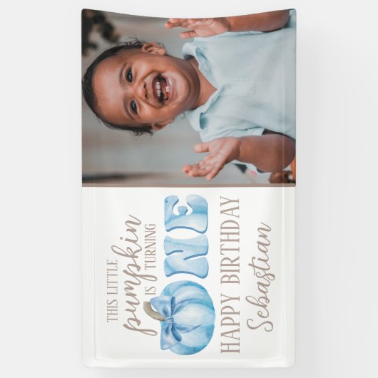 Blauw deze kleine pompofoto 1e verjaardag spandoek (Verticaal)