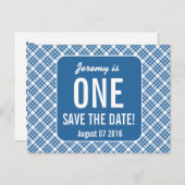 BLAUW DIAGONAAL PLAID 1e BABY KIDS Verjaardag P40F Aankondigingskaart (Voorkant / Achterkant)