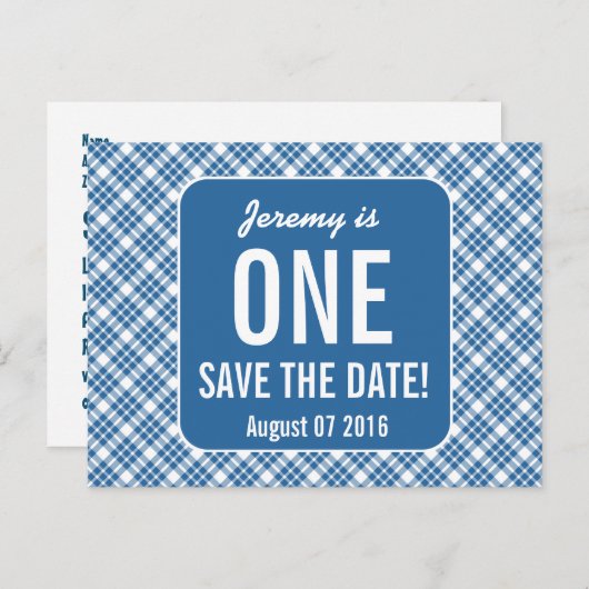BLAUW DIAGONAAL PLAID 1e BABY KIDS Verjaardag P40F Aankondigingskaart (Voorkant / Achterkant)