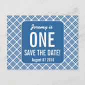 BLAUW DIAGONAAL PLAID 1e BABY KIDS Verjaardag P40F Aankondigingskaart (Voorkant)