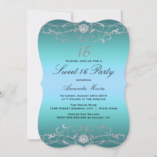 Blauw Diamant Damast Sweet 16 Uitnodiging (Voorkant)
