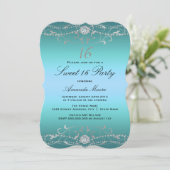 Blauw Diamant Damast Sweet 16 Uitnodiging (Staand voorkant)