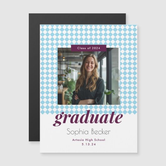 Blauw Diamantpatroon Afstuderen Fotomagneet (Voorkant / Achterkant)