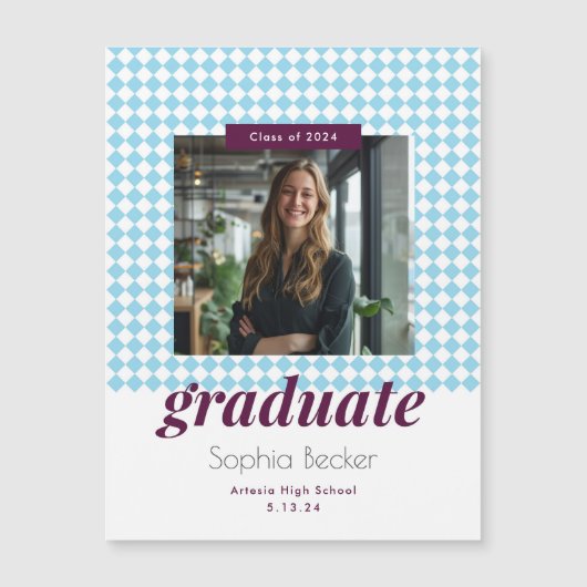 Blauw Diamantpatroon Afstuderen Fotomagneet (Voorkant)