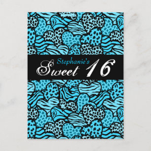 Blauw dierpatroon harten Sweet 16 ansichtkaart Briefkaart