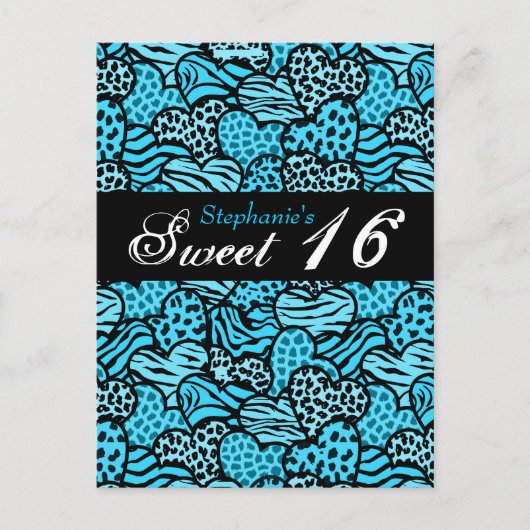 Blauw dierpatroon harten Sweet 16 ansichtkaart Briefkaart (Voorkant)