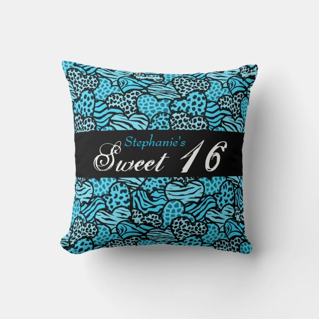 Blauw dierpatroon harten Sweet Sixteen Kussen (Voorkant)