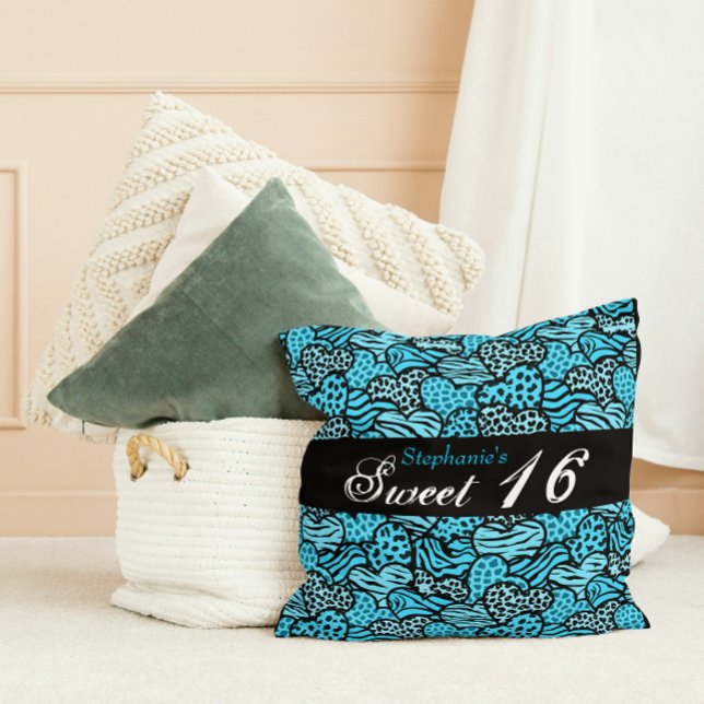 Blauw dierpatroon harten Sweet Sixteen Kussen (Creator heeft geüpload)