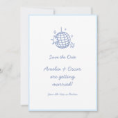 Blauw Disco Bal Doodle Eenvoudig Plezier Script Br Save The Date (Voorkant)