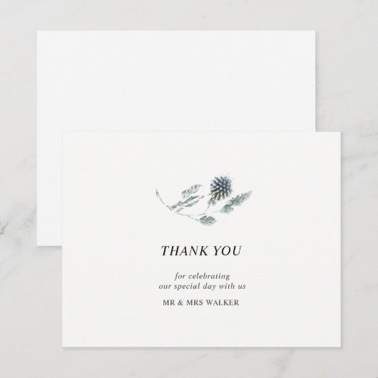 Blauw Distel Bloemkaart met "Dankjewel" - plat Bedankkaart (Voorkant / Achterkant)