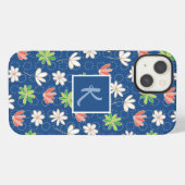 Blauw Ditsy Bloemen Monogram iPhone Hoesje (Achterkant horizontaal)
