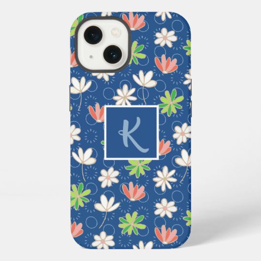 Blauw Ditsy Bloemen Monogram iPhone Hoesje (Achterkant)