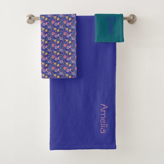 Blauw donker blauwgroen eenvoudige wildflower patr bad handdoek (Insitu)