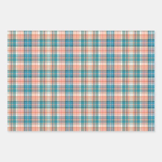 Blauw, Donker Blauwgroen, Zalm & Wit Plaid Inpakpapier Vel (Voorkant 3)