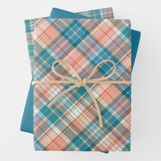 Blauw, Donker Blauwgroen, Zalm & Wit Plaid Inpakpapier Vel (In situ)