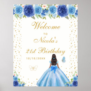 Blauw Donkere Huid Meisje Verjaardagsfeest Welkom Poster