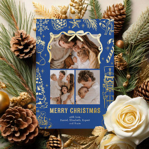 Blauw Doodle 3 Foto Kerst Goud Folie Feestdagenkaart