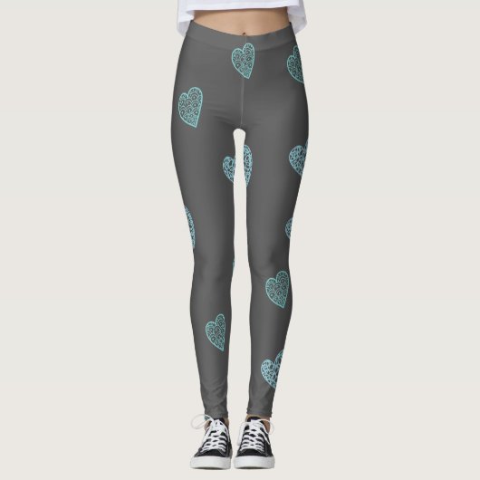 Blauw Doodle Hearts Grey Leggings (Voorkant)