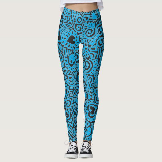 Blauw Doodlepatroon Leggings (Voorkant)