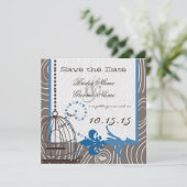 Blauw drijfhout houtnerf vogalkooi Save the Date Kaart (Staand voorkant)