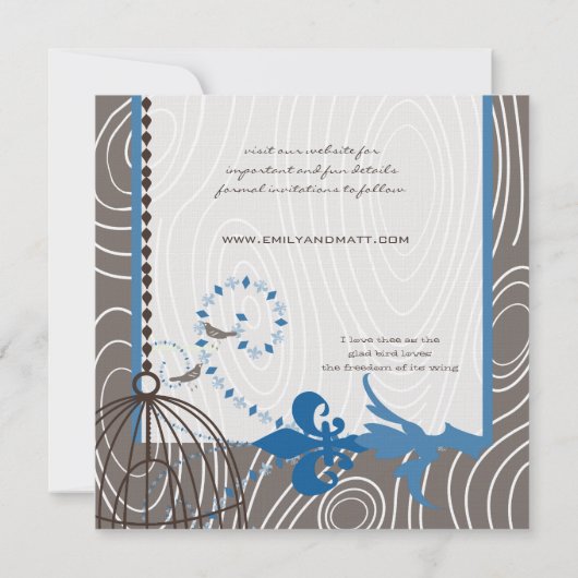 Blauw drijfhout houtnerf vogelkooi Save the Date Kaart (Achterkant)