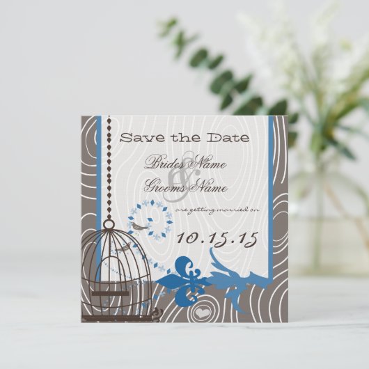 Blauw drijfhout houtnerf vogelkooi Save the Date Kaart (Staand voorkant)