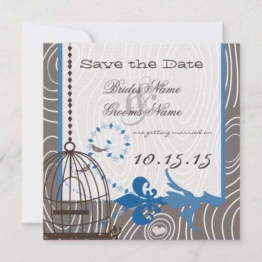Blauw drijfhout houtnerf vogelkooi Save the Date Kaart (Voorkant)