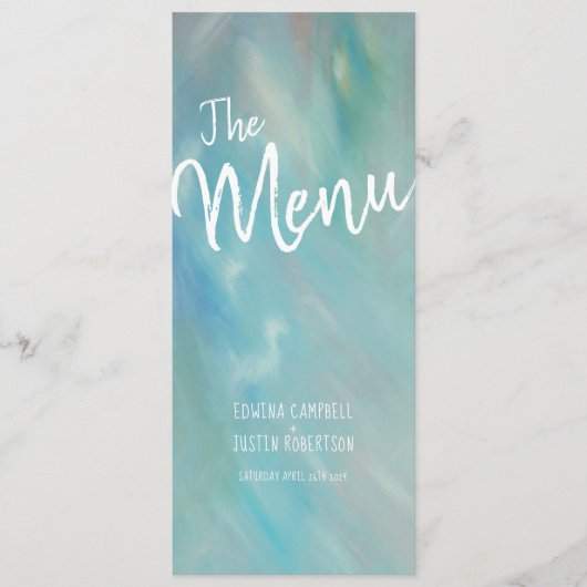 Blauw drijvende kunst modern huwelijksmenu menu (Voorkant)