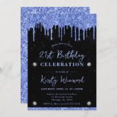 Blauw Dripping Glitter op Black Bokeh 21e Verjaard Kaart (Voorkant / Achterkant)