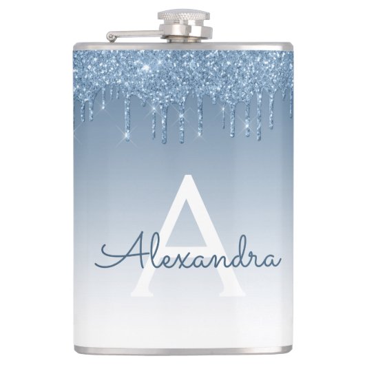 Blauw Dripping Glitter Sparkle Monogram Heupfles (Voorkant)