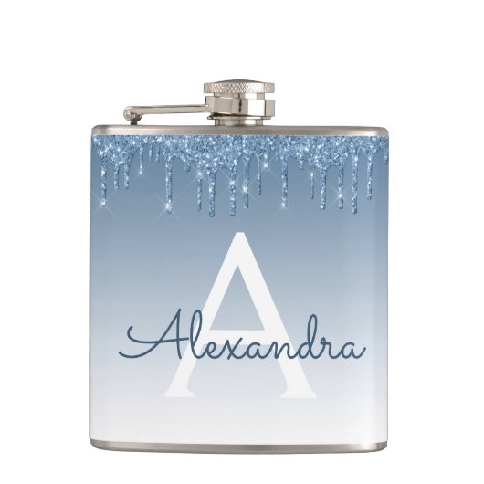 Blauw Dripping Glitter Sparkle Monogram Heupfles (Voorkant)