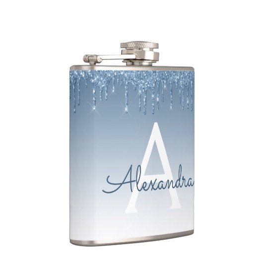 Blauw Dripping Glitter Sparkle Monogram Heupfles (Rechts)