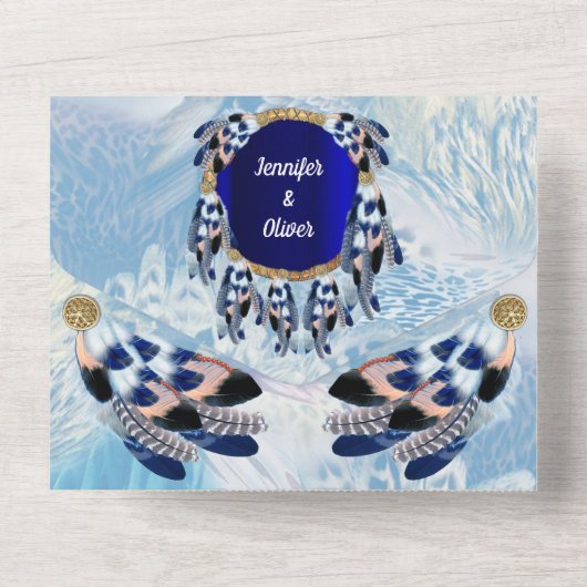 Blauw dromenvanger alles-in-één trouwkaart all in one uitnodiging (Achterkant)