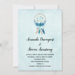 Blauw dromenvanger met bloemen en veren bruiloft kaart