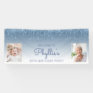 Blauw druipende glitter twee foto 80ste verjaardag spandoek