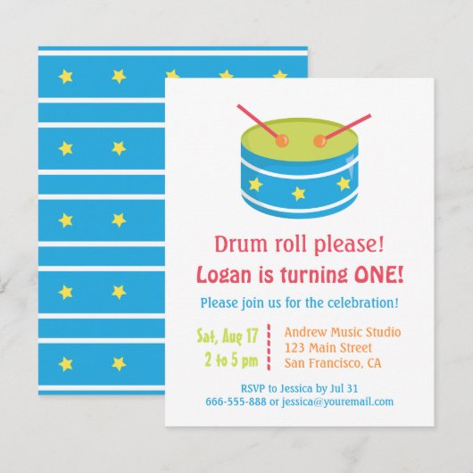 Blauw drumrol jongetje eerste verjaardagsfeestje kaart (Voorkant / Achterkant)