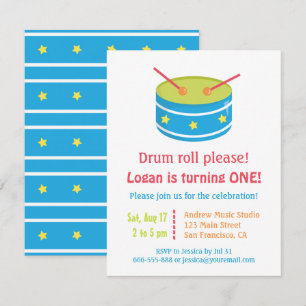 Blauw drumrol jongetje eerste verjaardagsfeestje kaart