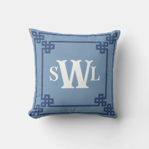 Blauw Dubbele Griekse Sleutel Monogram Ontwerp Kussen