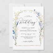 Blauw Dusty Wild Flower Floral Gold Foil Wedding Kaart (Voorkant)