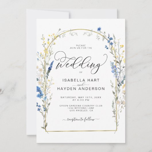 Blauw Dusty Wild Flower Floral Gold Foil Wedding Kaart (Voorkant)